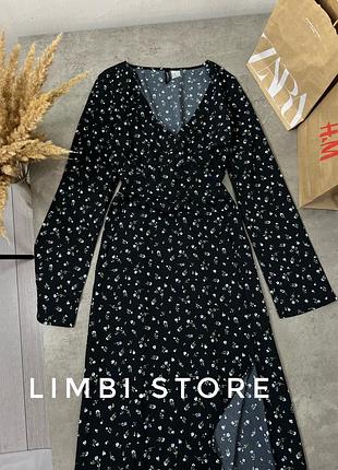 🌷шифонова квіткова сукня міді з розрізом і вільним рукавом h&m шифоновое цветочное  платье плаття миди с разрезом