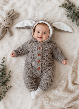 В'язаний комбінезон на флісі вовняний чоловічок коричнева зайка baby mio 3-6 міс