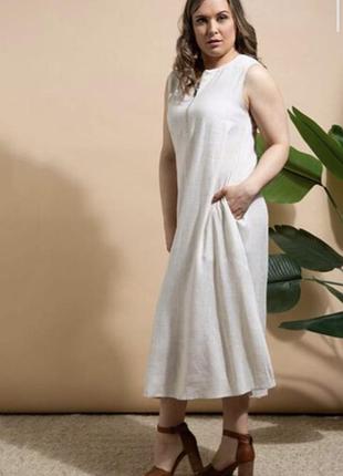 Вискозно-льняное с карманами и молнией спереди платье 👗большого размера