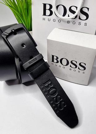 Мужской ремень кожаный boss с классической черной пряжкой стильный пояс из натуральной кожи в подарочной упаковке турецкий