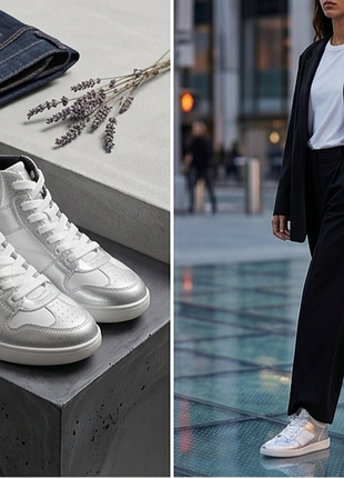 Zara серебристые кожаные сникерсы