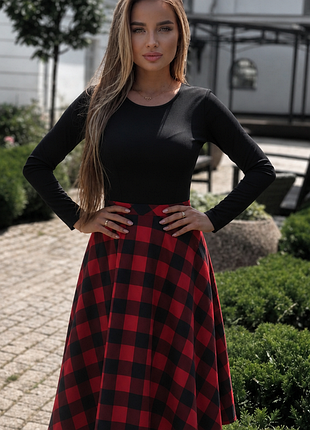 Красивое женское платье 🖤 эластичная и комфортная 👗 комбинированное платье в клетку 🖤 платье миди с длинным рукавом ✨ повседневное платье m l