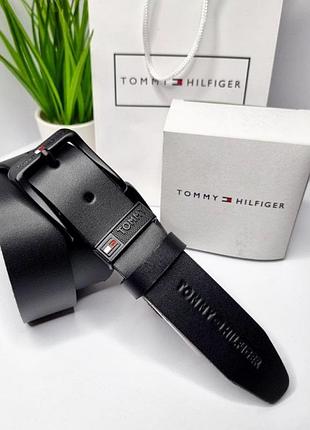 Чоловічий шкіряний ремінь з чорною пряжкою tommy hilfiger подарунок якісний стильний пояс з натуральної шкіри в коробочці люкс
