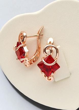 Серьги с красными цирконами позолота 18к.
