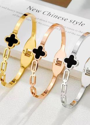 Браслет конюшина в стилі "van cleef" сталевий покриття рожевим золотом 18к.