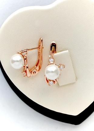 Серьги котики с жемчугом покрытие золотом 18к.