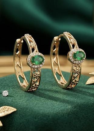 Сережки-кільця з зеленими кристалами xuping m&l диаметр 2.8 см.