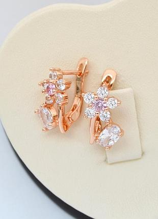 Серьги цветы с белыми кристаллами покрытие золотом 18к.