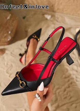 Босоножки туфли женские слингбеки on feet&amp;in love р. 40 каблука kitten heels черные с красной стелькой