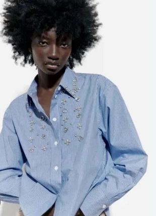 Полосатая рубашка zara со стразами,р.s, полномерная, подойдет на s/m