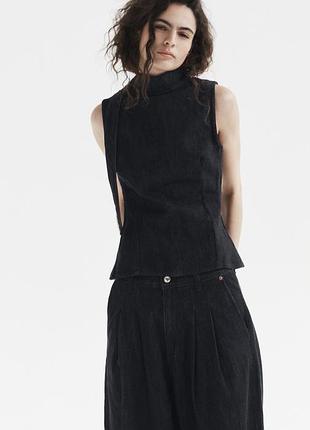 Джинсовий топ з завʼязкою на шиї zara, топ з відкритою спиною , темно синій топ хальтер zara