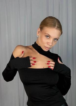 Лонгслив женский с вырезом, шоколадный, черный