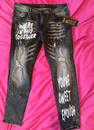 Круті чоловічі джинси скіні з написами , рваностями leeyo jeans w40, xxl, 52-54