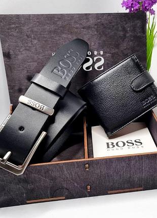 Шкіряний ремінь boss фірмовий подарунковий набір для чоловіка чорний пояс і гаманець портмоне в деревʼяній коробочці люкс якість