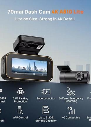 Автомобильный регистратор 70mai dash cam 4k a810 lite передняя камера