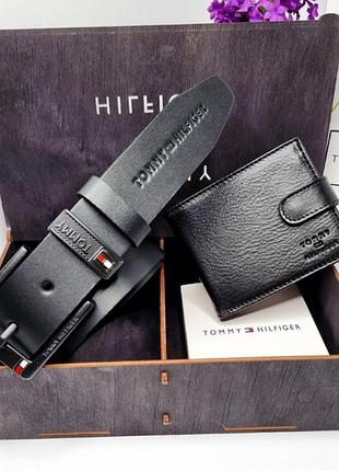 Чоловічий ремінь з натуральної шкіри tommy hilfiger подарунковий комплект чорний пояс і гаманець портмоне в деревʼяному боксі