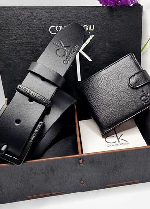 Чоловічий ремінь в в деревʼяній коробочці calvin klein подарунковий набір чорний пояс з натуральної шкіри і портмоне гаманець