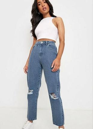 Джинсы брюки базовые классические прямые синие новые boohoo с рваностями