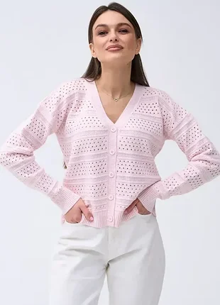 Женский вязаный ажурный кардиган розовый | 99634