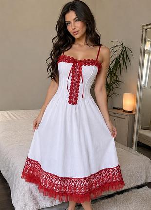 Біла сукня міді з червоним мереживом ❤️ романтична, жіночна, ефектна
