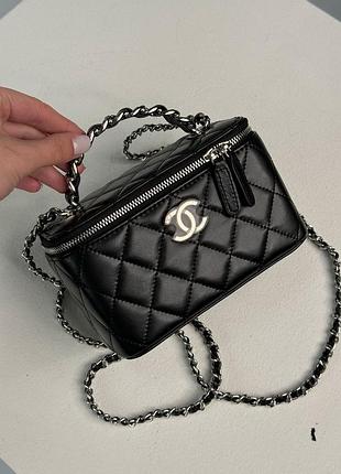 Сумка шанел classic black lambskin pearl crush vanity bag silver