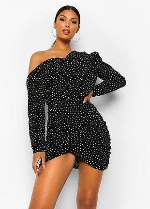 Новое черное короткое платье в горошек boohoo