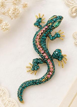 Брошка саламандра ящірка з кристалами 🦎✨ яскрава statement прикраса