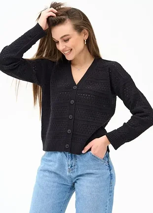 Жіночий в’язаний ажурний кардиган чорний | 99643