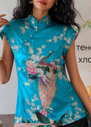 Блузка ципао, чонсам, топ, футболка из смеси тенселя и хлопка, с