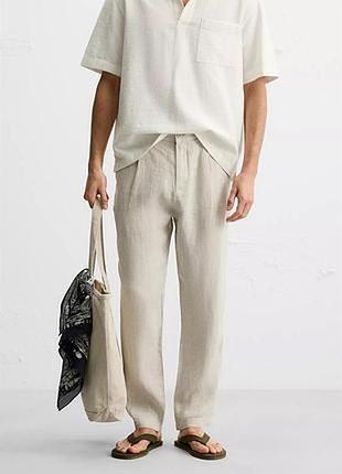 Мужские плотные льняные брюки zara 100% лен, бежевые, с защипами, m
