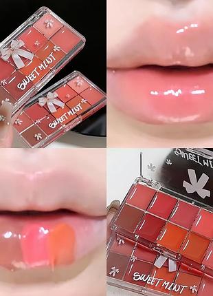 Sweet mint мини палитра глазурь для губ с 10 оттенками - блестящий, естественный вид, не прилипает формула для всех типов кожи - яркие красные тон 3