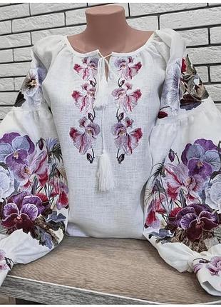 Вышиванка женская белая xl, блузка с цветочной вышивкой, вышитая рубашка, этано блуза, рукава-фонарики, праздничная рубашка, украинский стиль
