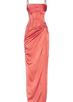 Коралове максі-плаття з корсетним ліфом coral draped corset ruffle gathered dress