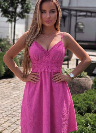Летний сарафан 🌸текстурна жатка 🌸 shein 👗 яркий розовый сарафан на бретелях  💖 летнее платье с кружевом🌸размер л