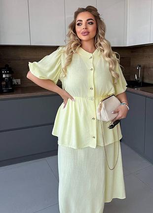 Костюм юбка и блузка с баской лен 42-60 р-р