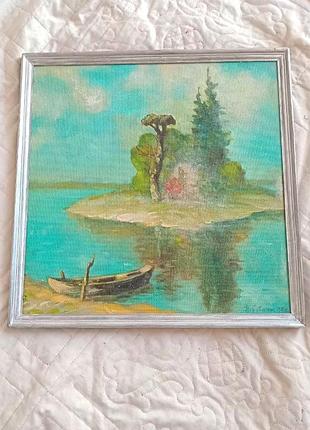 Картина река лодка остров рукописная на фанере в раме 47×47,5
