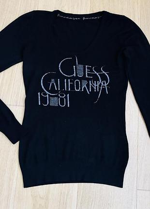 Женский свитер (кофта, лонгслив) бренд guess трикотажный черного цвета размер s, с надписью бренда, состояние идеальное