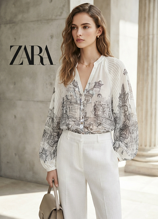 Zara шифоновая принтованная блузка с перчатками гафре
