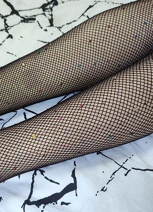 Эффектные черные колготки в сетку для девочки со стразами блесткие one size 2034