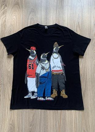 Мужсккая чёрная хлопковая футболка с принтом hip hop penguins