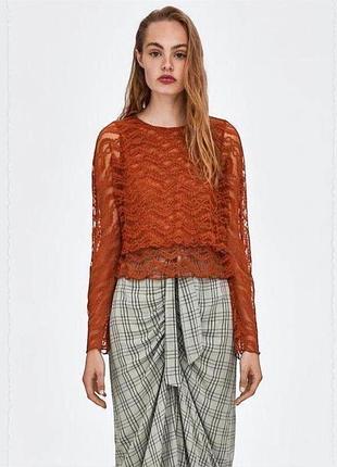 Рыжая кружевная блузка zara trafaluc. длинный рукав. размер м