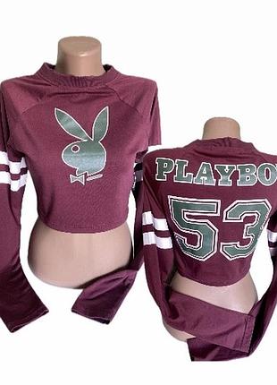 Лонгслив -топ жіночий короткий з довгим рукавом,бренд playboy принт -напис спереду та ззаду,бейсбольний спорт лонг ,молодіжний стрітвір кофтинка ,s pb