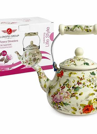 Эмалированный кухонный чайник с цветочным рисунком и птицами тс-8-2 2.0 л