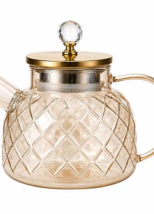 Термостойкий стеклянный чайник amber crystal gk-5502 1л декоративный рельефный дизайн янтарный перламутр