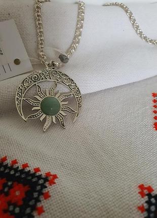 Срібний 925 проби кулон оберіг сонце в лунниці з камінням чорніння нефрит