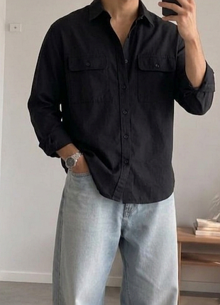 Щільна тканина ⬛ чоловіча сорочка-куртка boohooman 💼 сорочка овершот shacket з кишенями 💣 чорна куртка сорочка l-xl