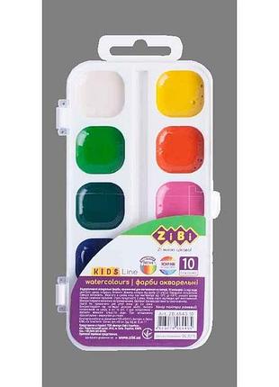 Водорозчинні акварельні фарби, 10 кольорів, білий, kids line zb.6543-10 тм zibi