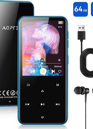 Mp3-плеєр agptek 64 гб з bluetooth, m3 2,4-дюймовий плеєр з динаміком (синій) | з fm-радіо, сенсорними кнопками, підтримує до 128