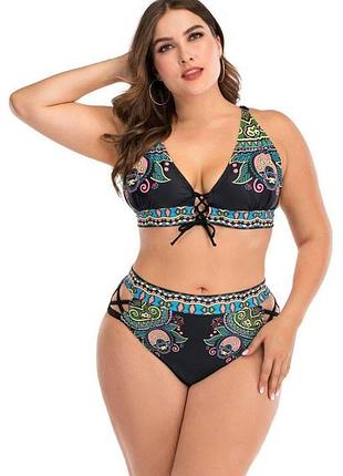 Роздільний чорний купальник plus size з орнаментом