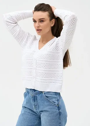 Женский вязаный ажурный кардиган белый | 99650